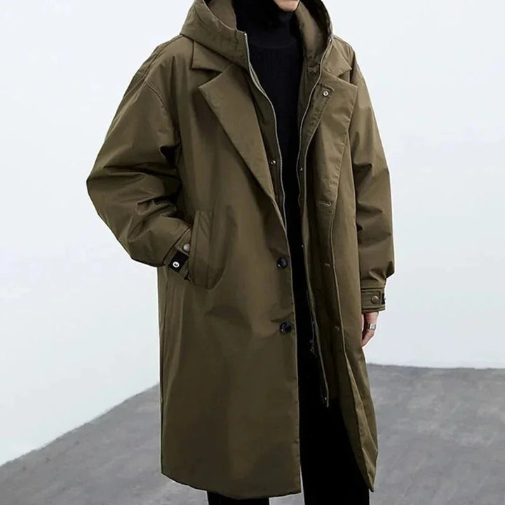 Army Green Men's Hooded Trench Coat with Zip-Button Closure & Oversized Fit - Front Full