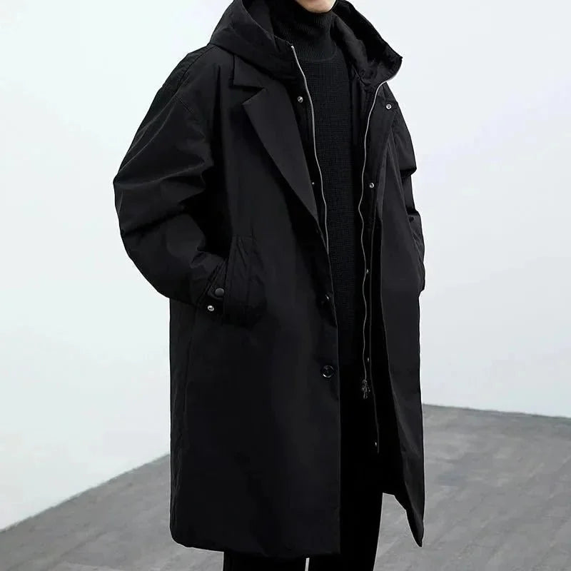 Black Men's Hooded Trench Coat with Zip-Button Closure & Oversized Fit
