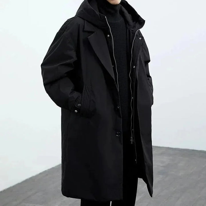 Black Men's Hooded Trench Coat with Zip-Button Closure & Oversized Fit