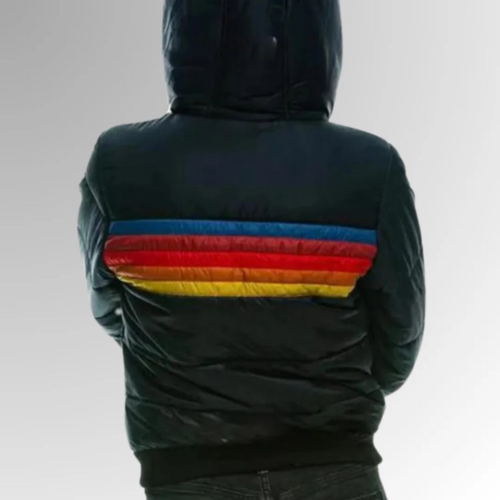 Women's Water-Resistant Hooded Jacket with Striped Color-Block Panel - Back Detail