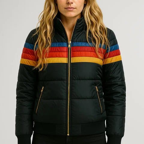 Black Women's Water-Resistant Hooded Jacket with Striped Color-Block Panel