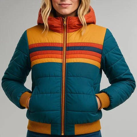 Blue Women's Water-Resistant Hooded Jacket with Striped Color-Block Panel