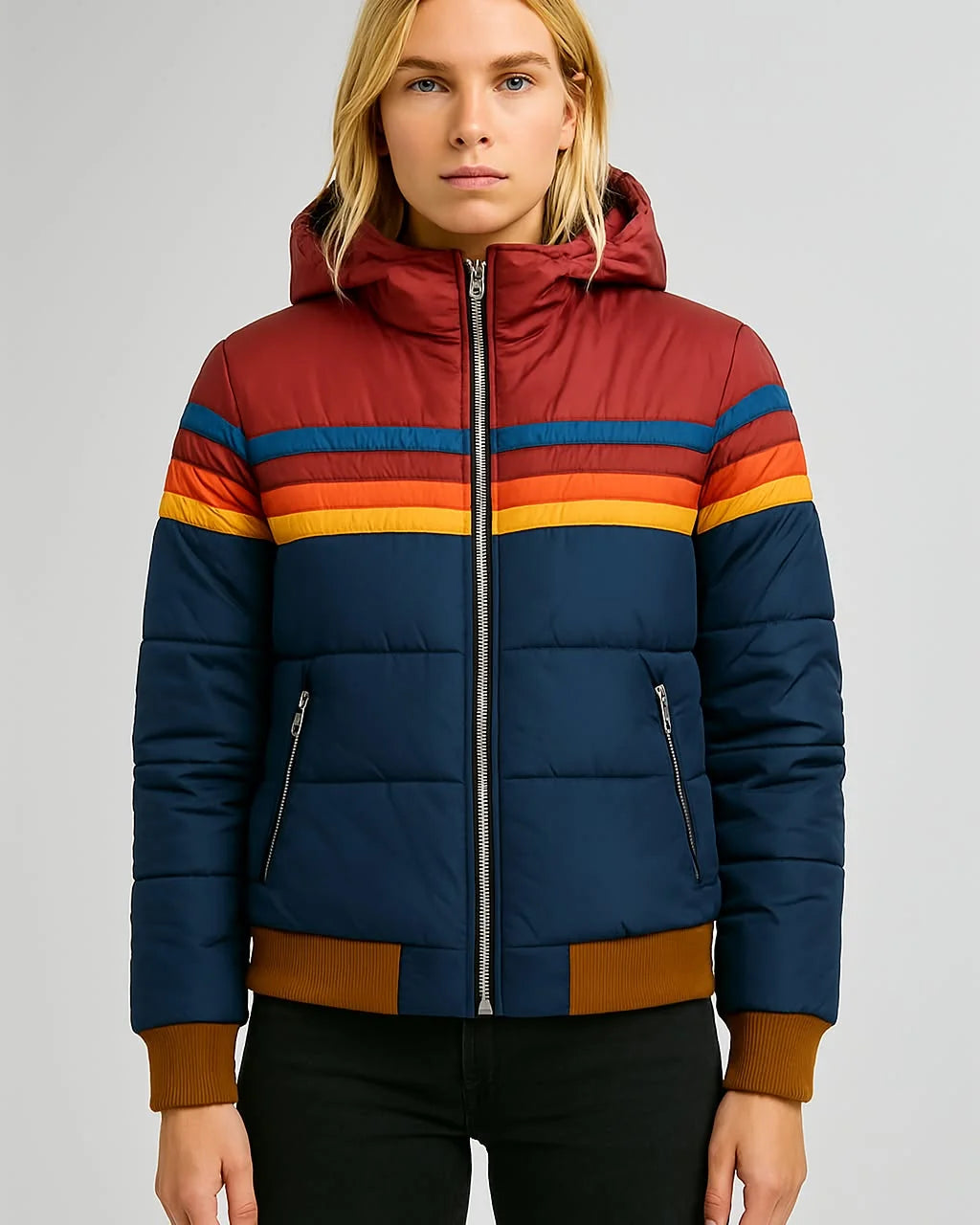 Navy Blue Women's Water-Resistant Hooded Jacket with Striped Color-Block Panel - Front Full