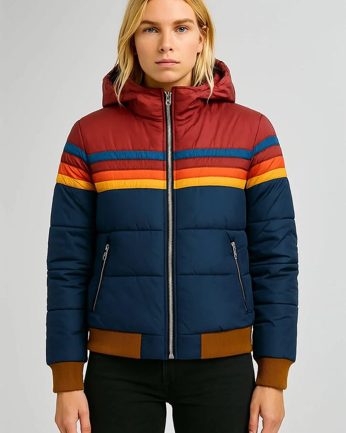 Navy Blue Women's Water-Resistant Hooded Jacket with Striped Color-Block Panel - Front Full