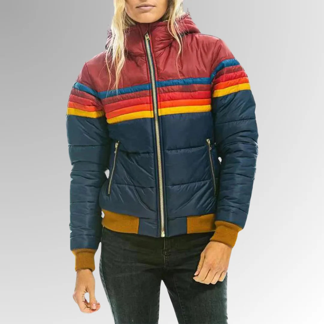 Women's Water-Resistant Hooded Jacket with Striped Color-Block Panel - Front Pose