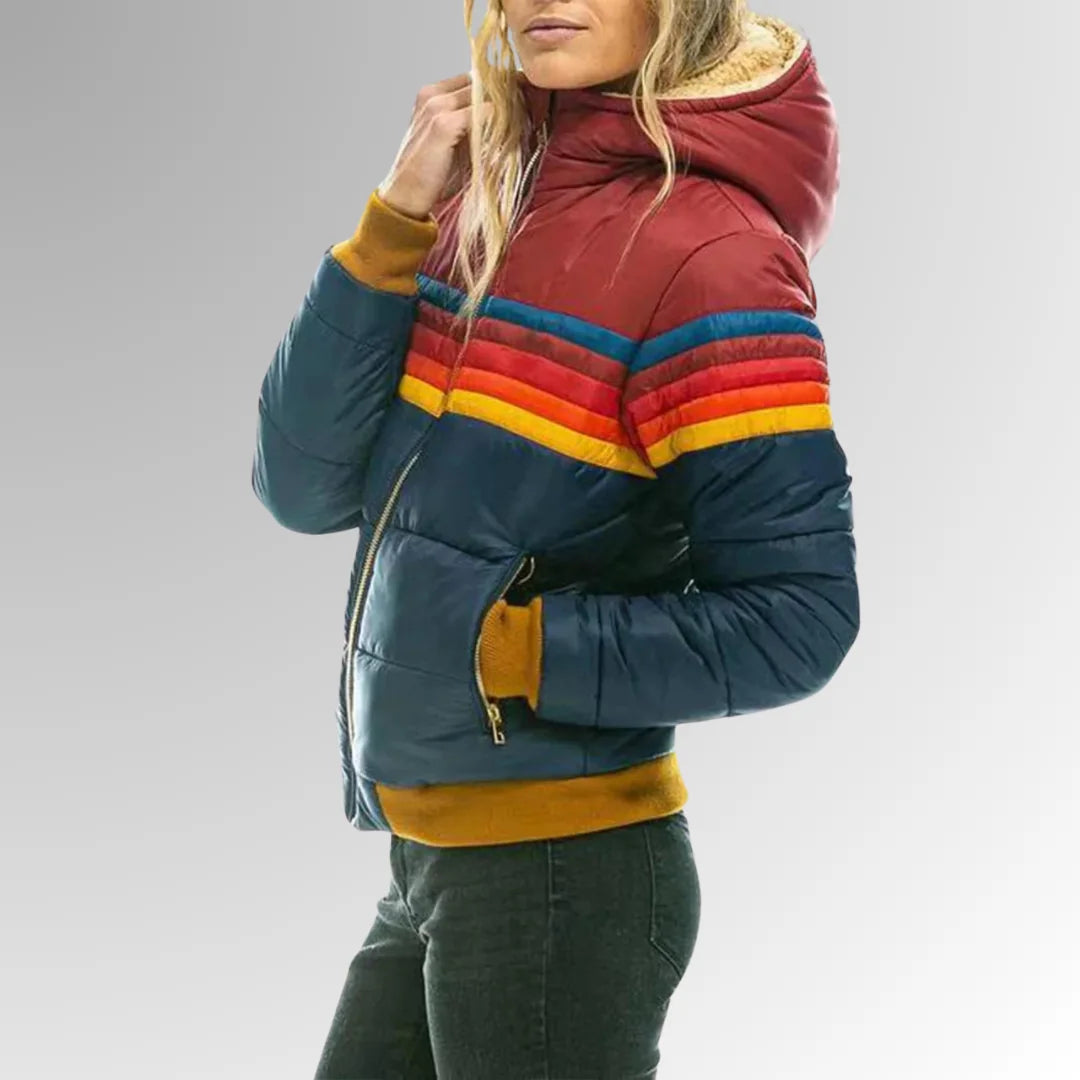 Women's Water-Resistant Hooded Jacket with Striped Color-Block Panel - Side Pose Hood