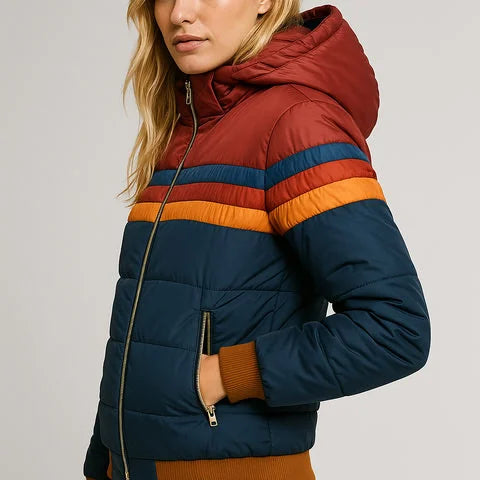 Women's Water-Resistant Hooded Jacket with Striped Color-Block Panel - Side Profile