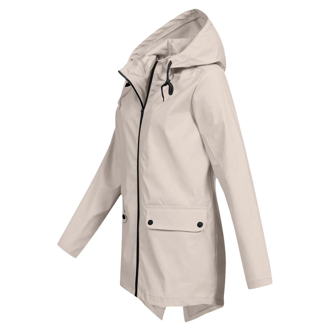 Women's Waterproof Jacket with Adjustable Hood & Fishtail Hem - Side Profile