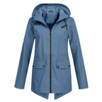 Blue Women's Waterproof Jacket with Adjustable Hood & Fishtail Hem