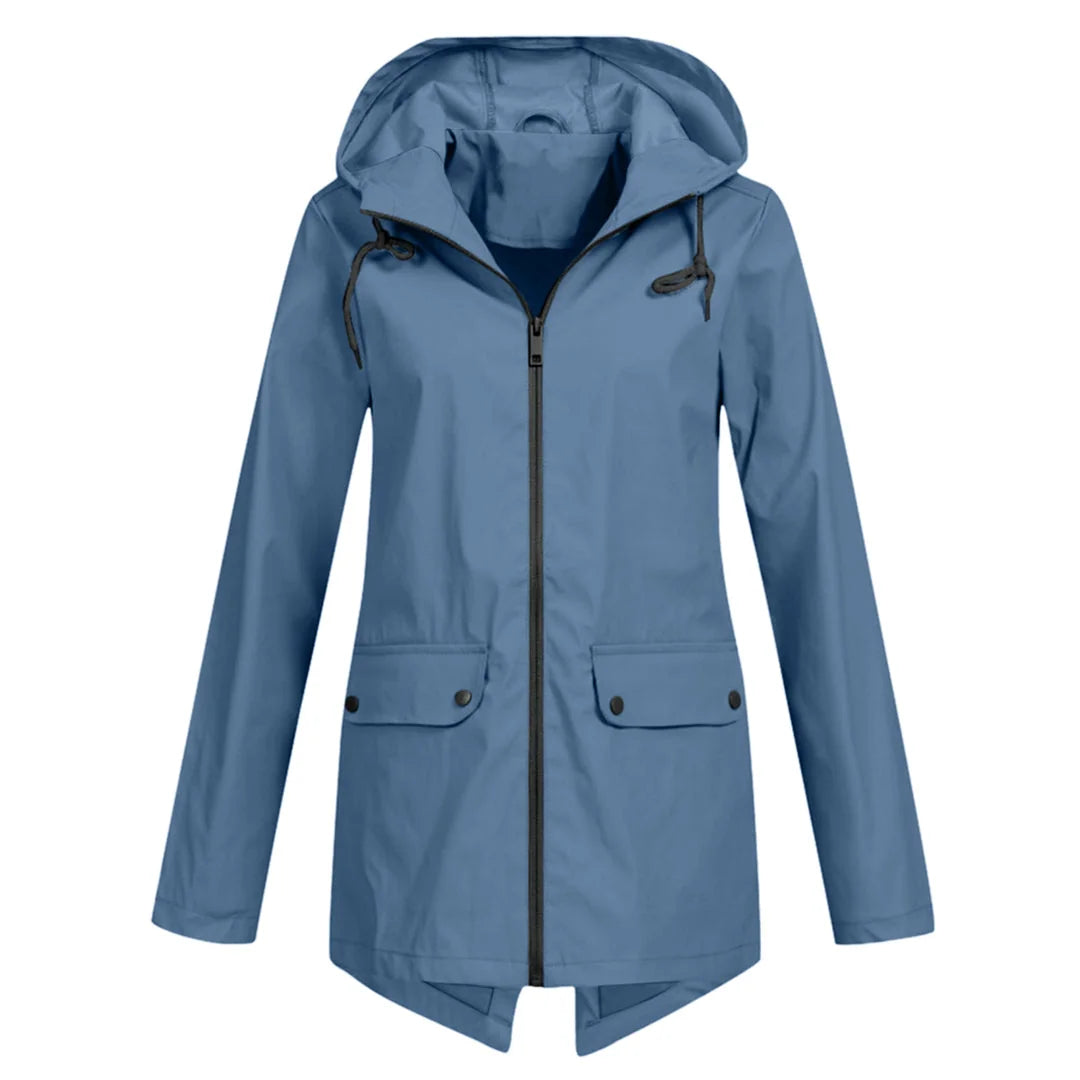 Blue Women's Waterproof Jacket with Adjustable Hood & Fishtail Hem