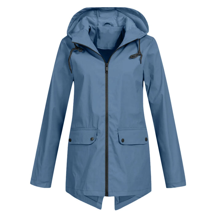 Blue Women's Waterproof Jacket with Adjustable Hood & Fishtail Hem
