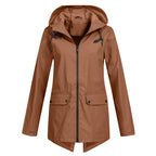 Coffee Women's Waterproof Jacket with Adjustable Hood & Fishtail Hem - Front Full