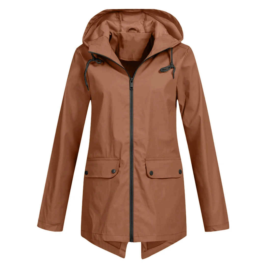Coffee Women's Waterproof Jacket with Adjustable Hood & Fishtail Hem - Front Full
