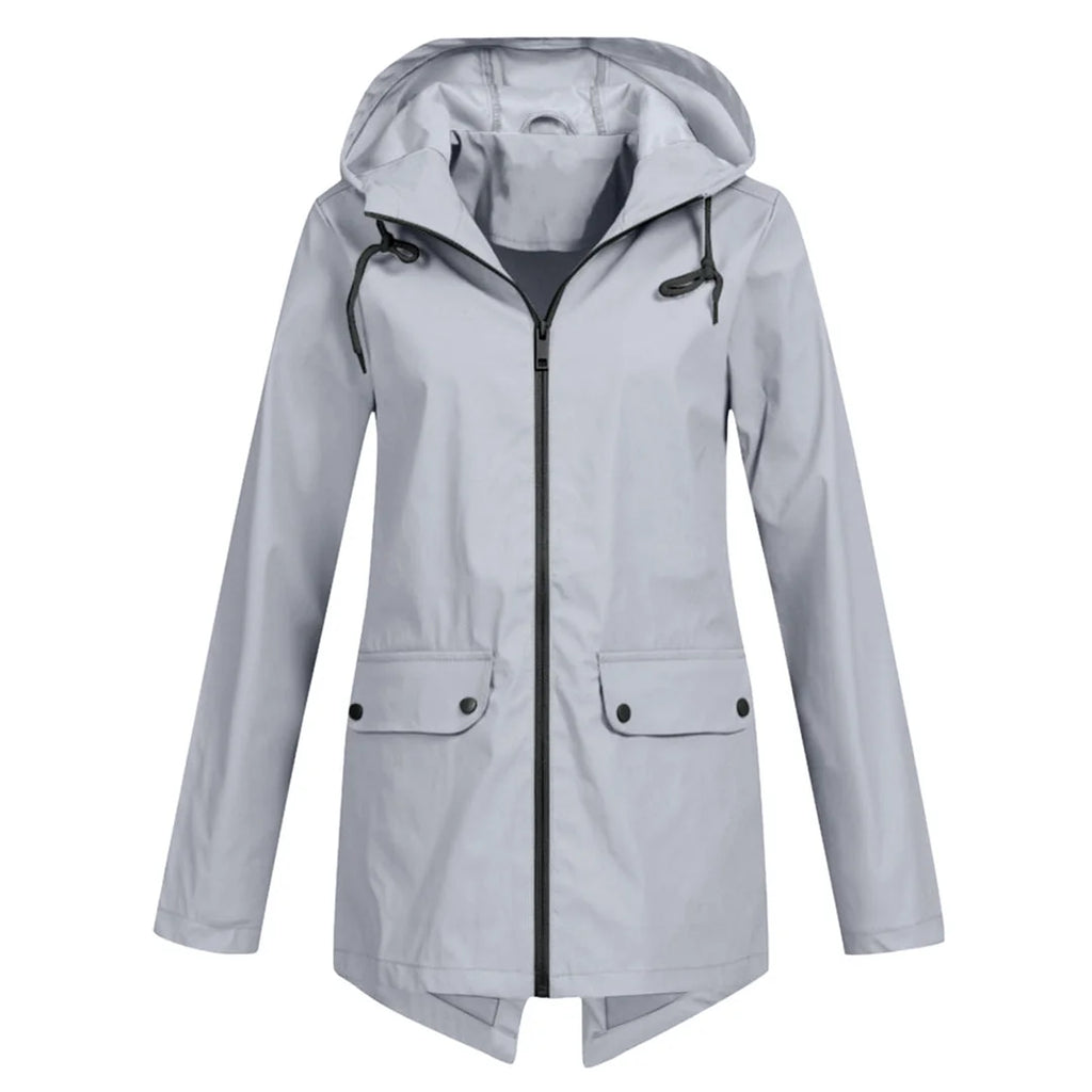 Grey Women's Waterproof Jacket with Adjustable Hood & Fishtail Hem