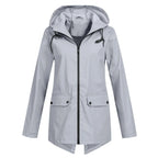 Grey Women's Waterproof Jacket with Adjustable Hood & Fishtail Hem