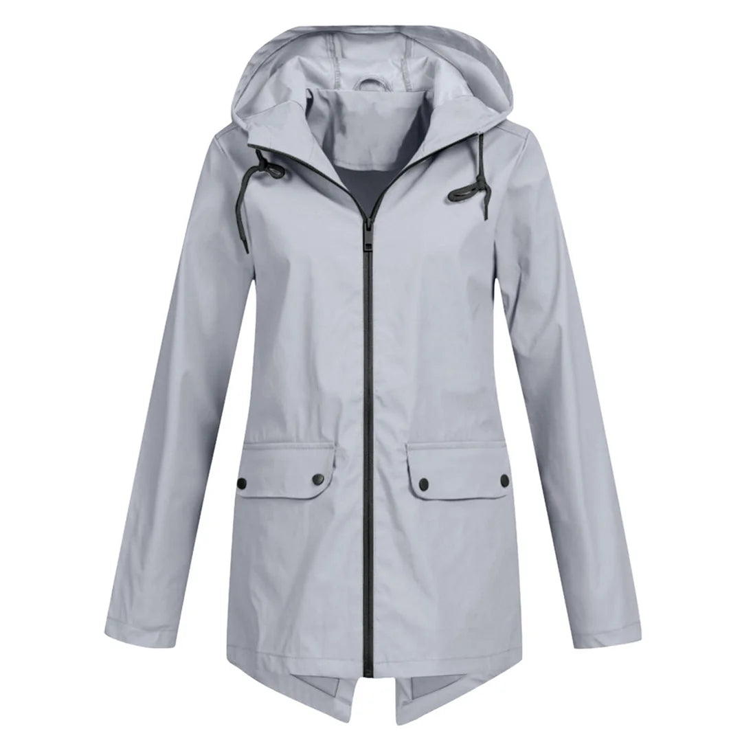 Grey Women's Waterproof Jacket with Adjustable Hood & Fishtail Hem