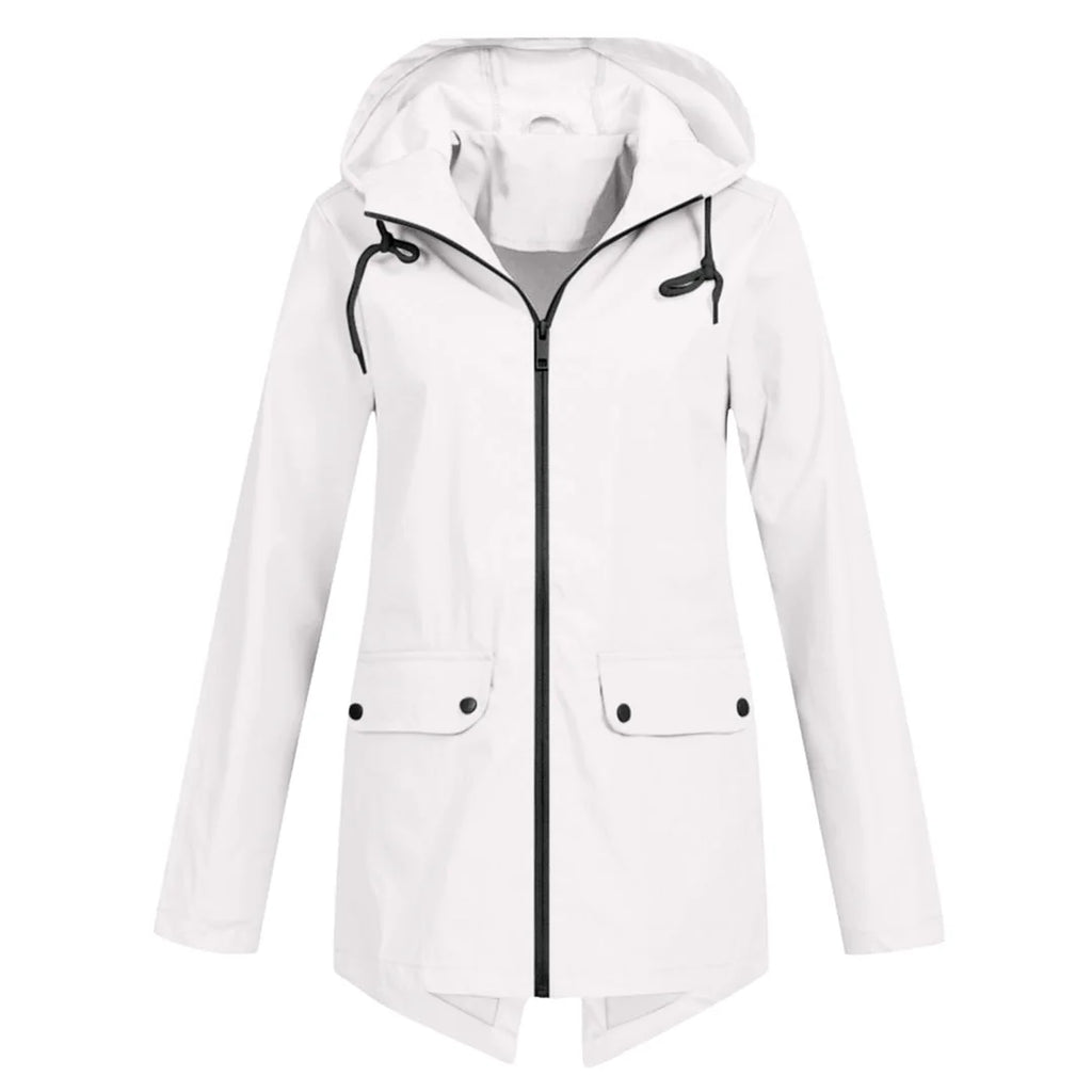 White Women's Waterproof Jacket with Adjustable Hood & Fishtail Hem