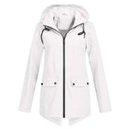 White Women's Waterproof Jacket with Adjustable Hood & Fishtail Hem