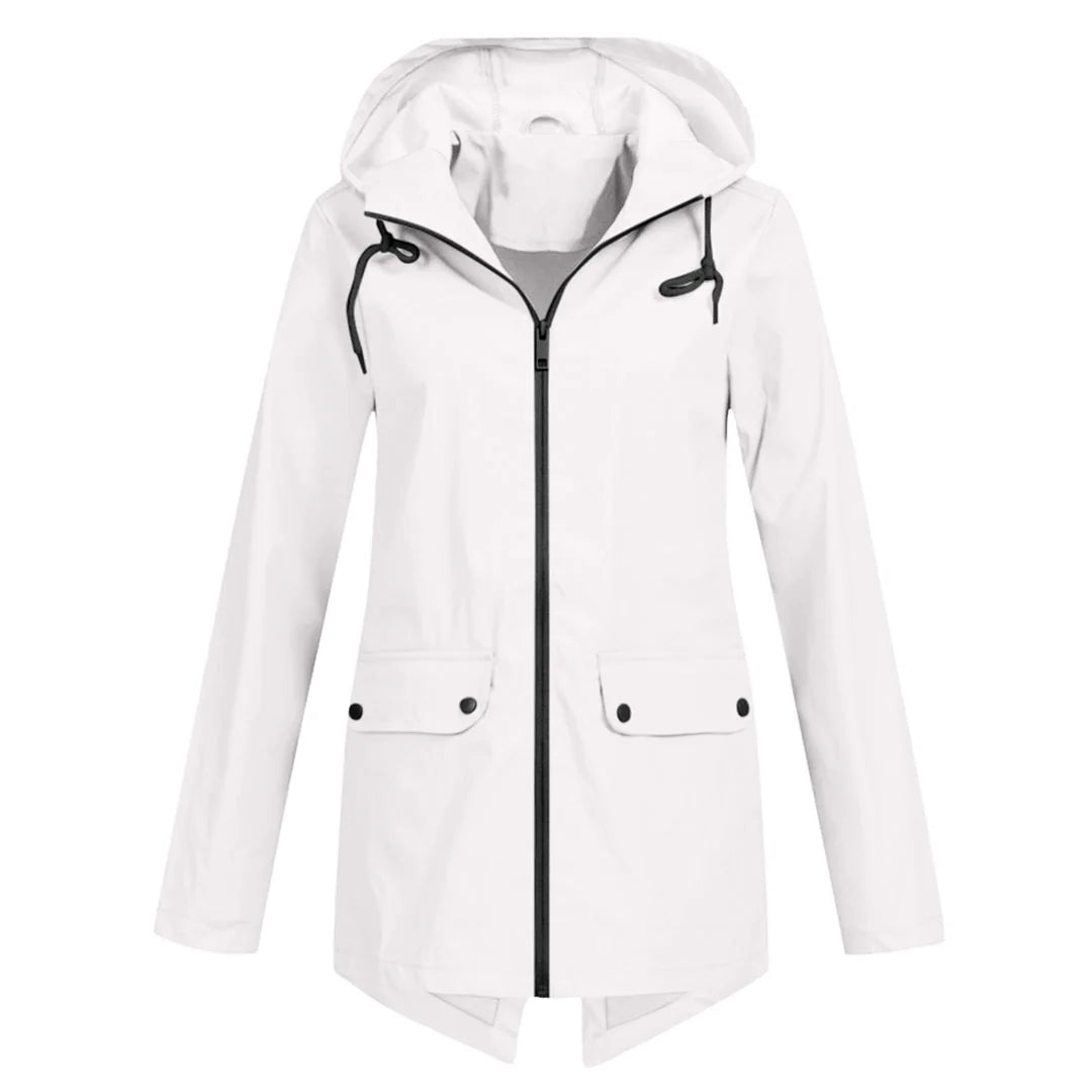 White Women's Waterproof Jacket with Adjustable Hood & Fishtail Hem