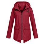 Wine Red Women's Waterproof Jacket with Adjustable Hood & Fishtail Hem - Front Full