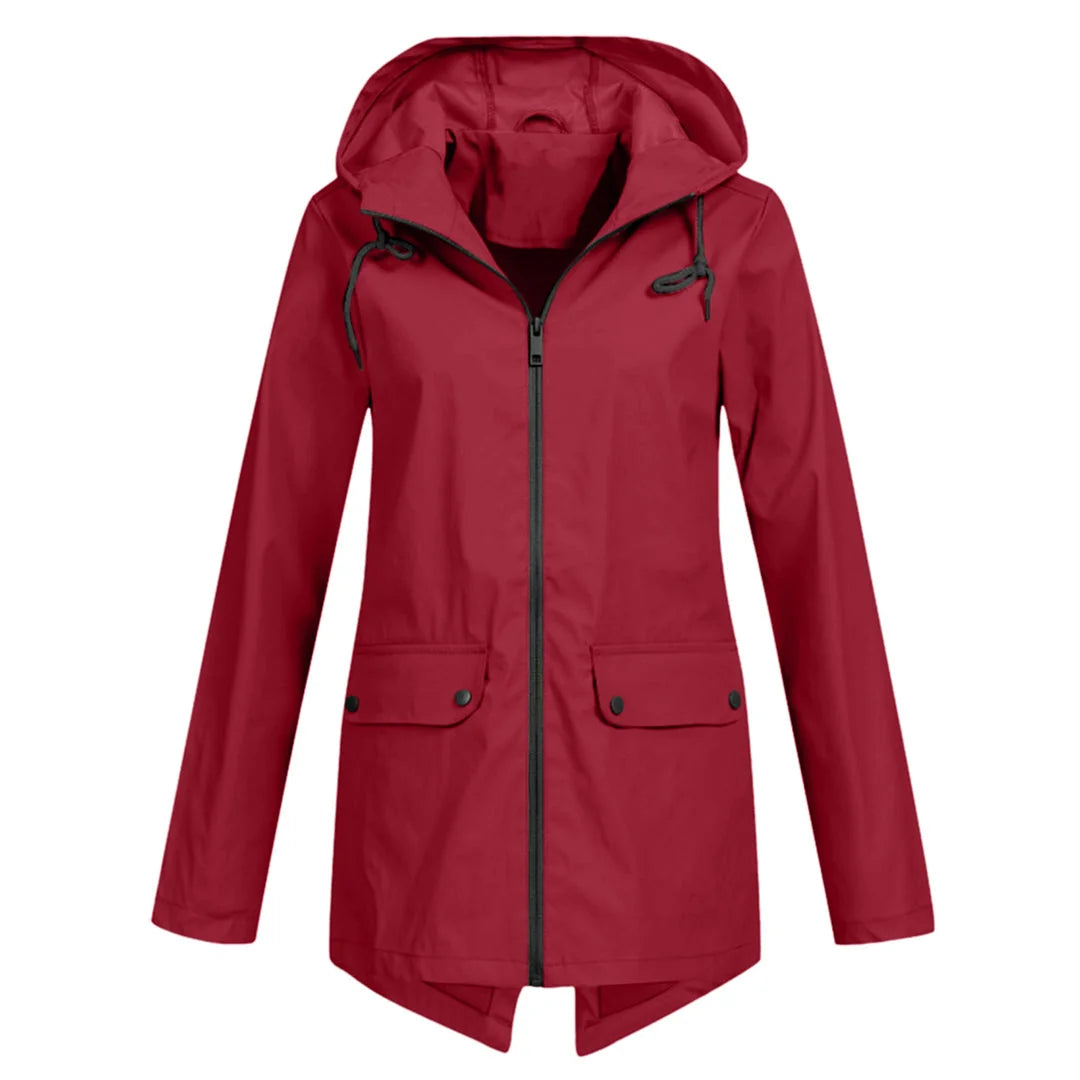 Wine Red Women's Waterproof Jacket with Adjustable Hood & Fishtail Hem - Front Full