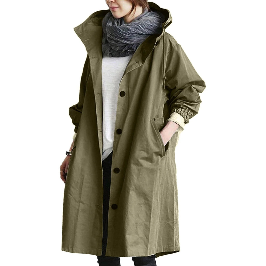 Army Green Women's Waterproof Raincoat with Hooded Drawstring & Oversized Fit - Front Open Pose