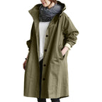 Army Green Women's Waterproof Raincoat with Hooded Drawstring & Oversized Fit - Front Open Pose