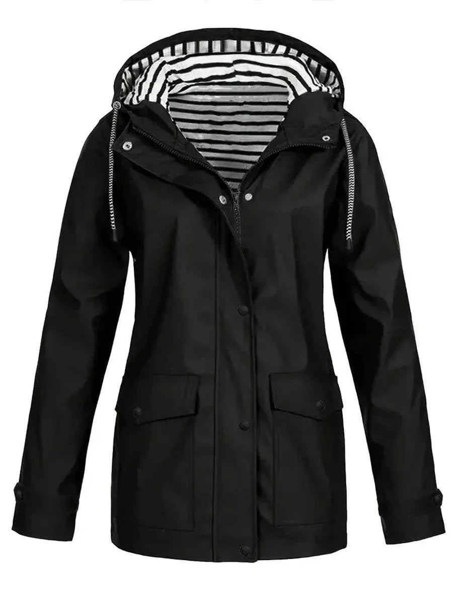 Black Women's Waterproof Raincoat with Adjustable Hood & Relaxed Fit