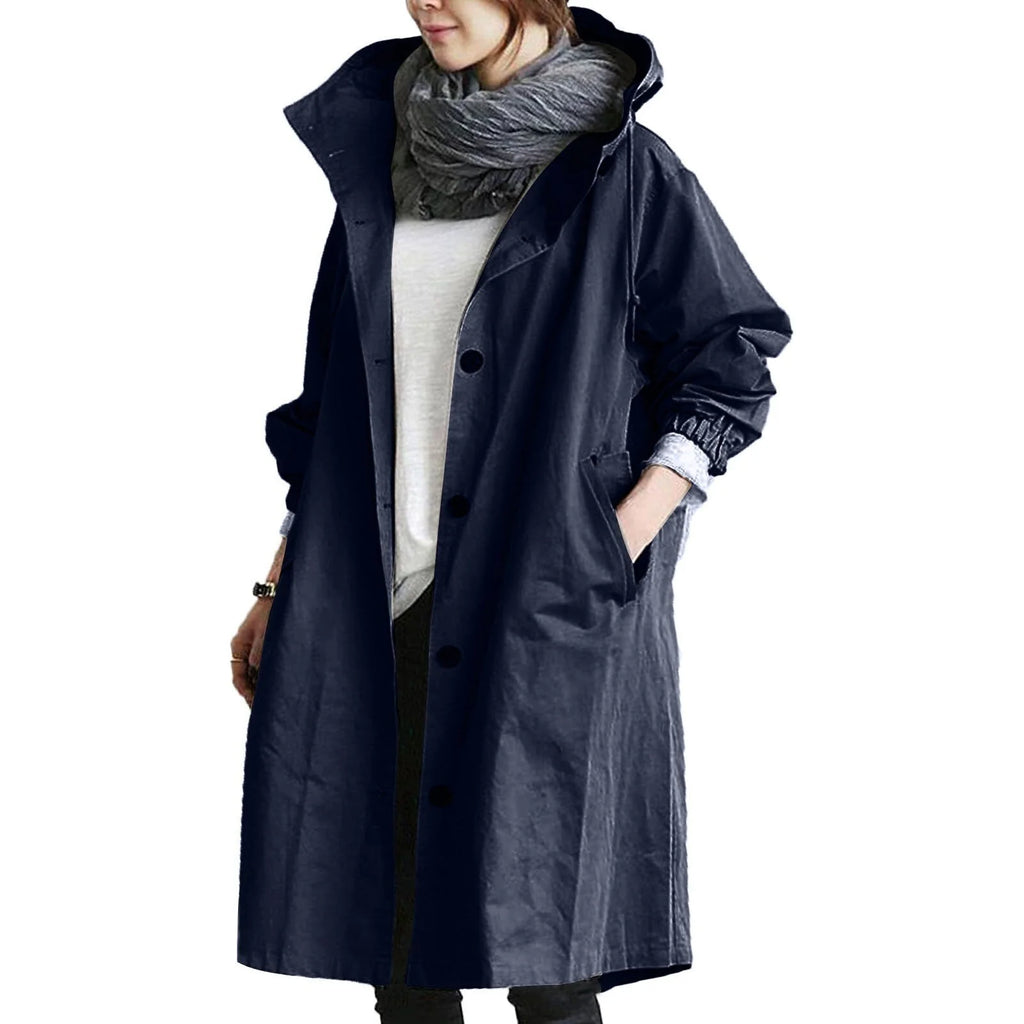 Dark Blue Women's Waterproof Raincoat with Hooded Drawstring & Oversized Fit - Side Angled Pose