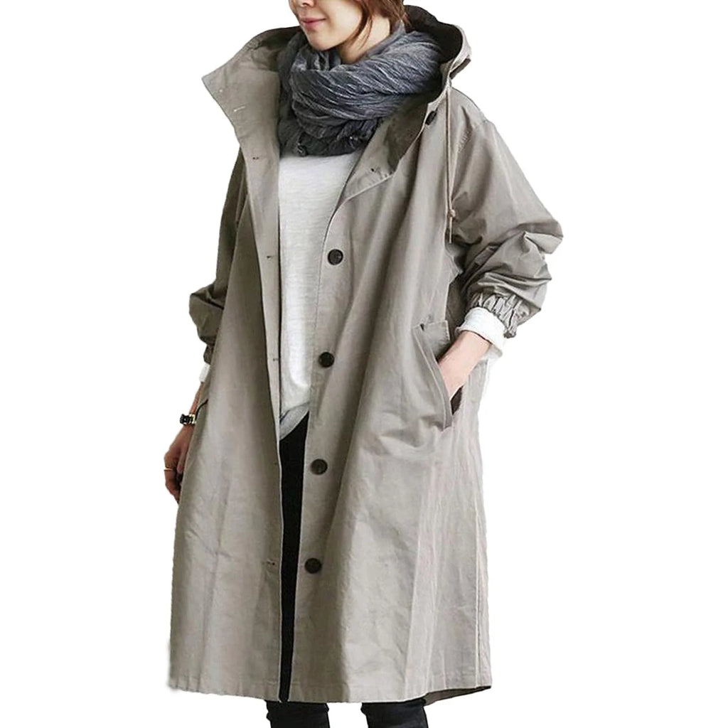 Grey Women's Waterproof Raincoat with Hooded Drawstring & Oversized Fit - Front Pocket Detail