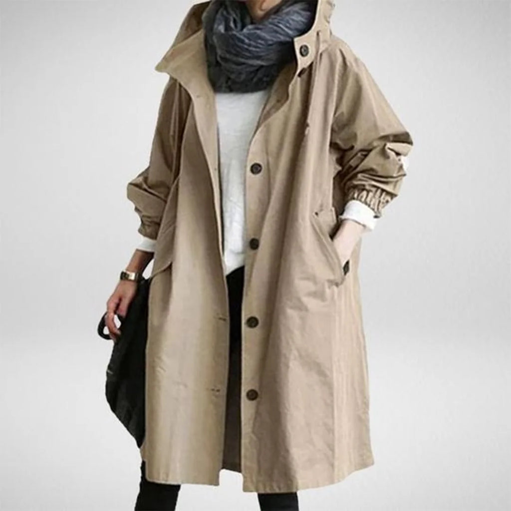 Khaki Women's Waterproof Raincoat with Hooded Drawstring & Oversized Fit - Studio White Front