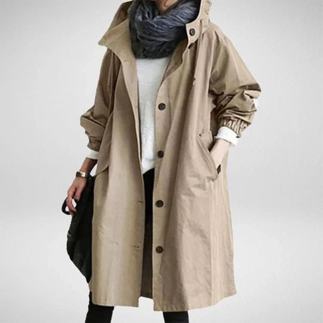 Khaki Women's Waterproof Raincoat with Hooded Drawstring & Oversized Fit - Studio White Front