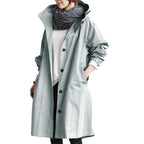 Light Blue Women's Waterproof Raincoat with Hooded Drawstring & Oversized Fit - Front Hooded Pose