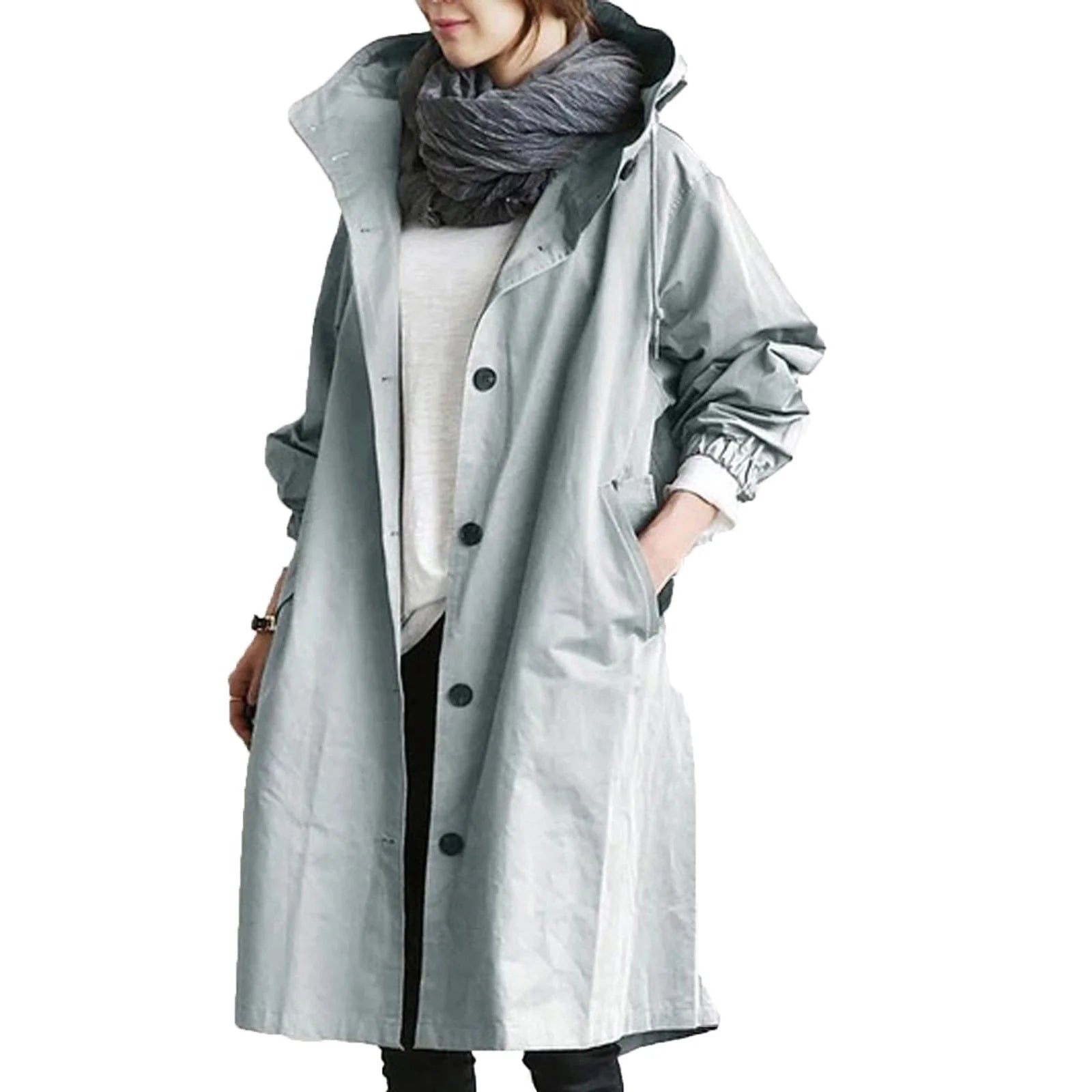 Light Blue Women's Waterproof Raincoat with Hooded Drawstring & Oversized Fit - Front Hooded Pose