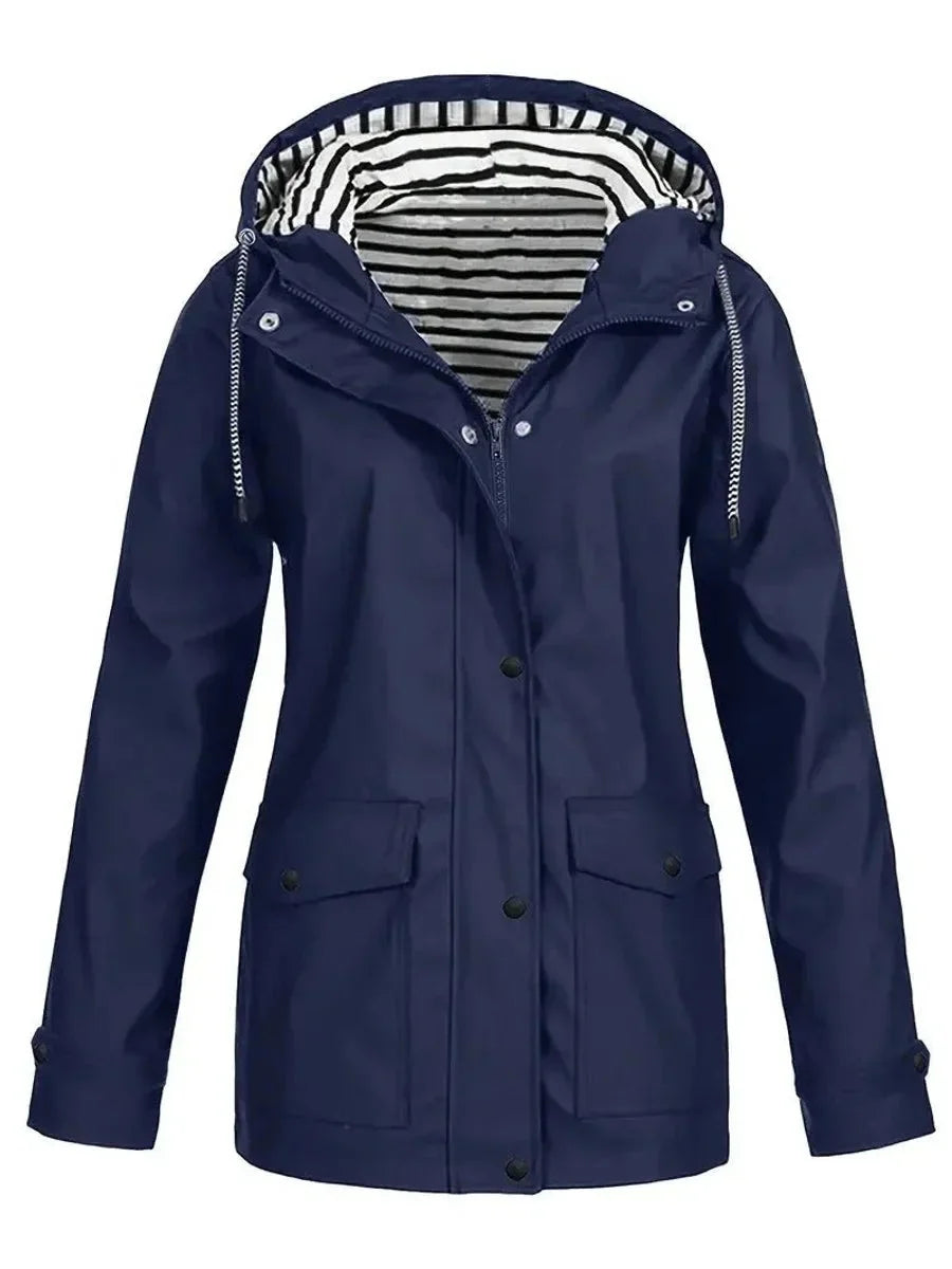 Navy Blue Women's Waterproof Raincoat with Adjustable Hood & Relaxed Fit