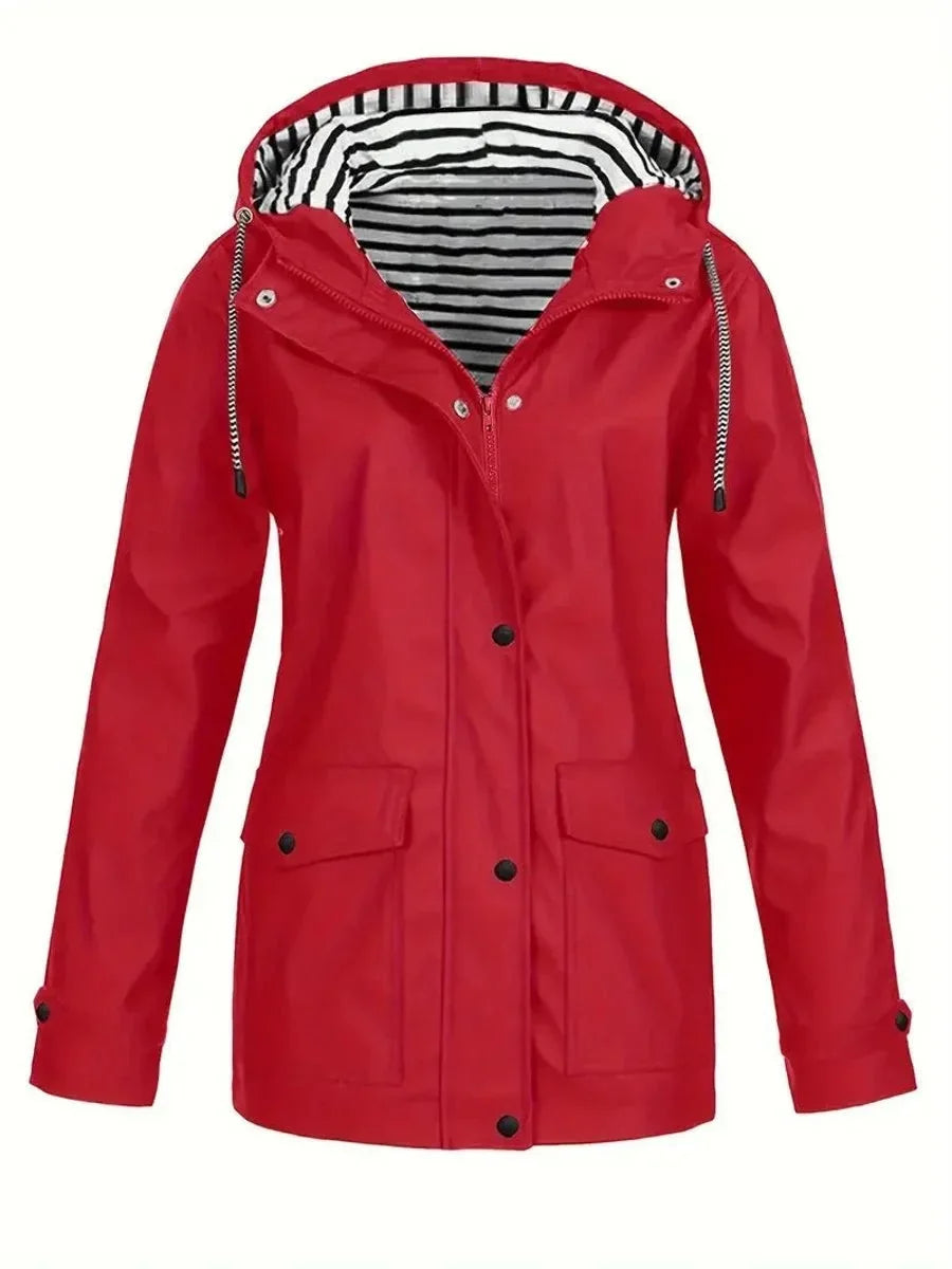 Red Women's Waterproof Raincoat with Adjustable Hood & Relaxed Fit