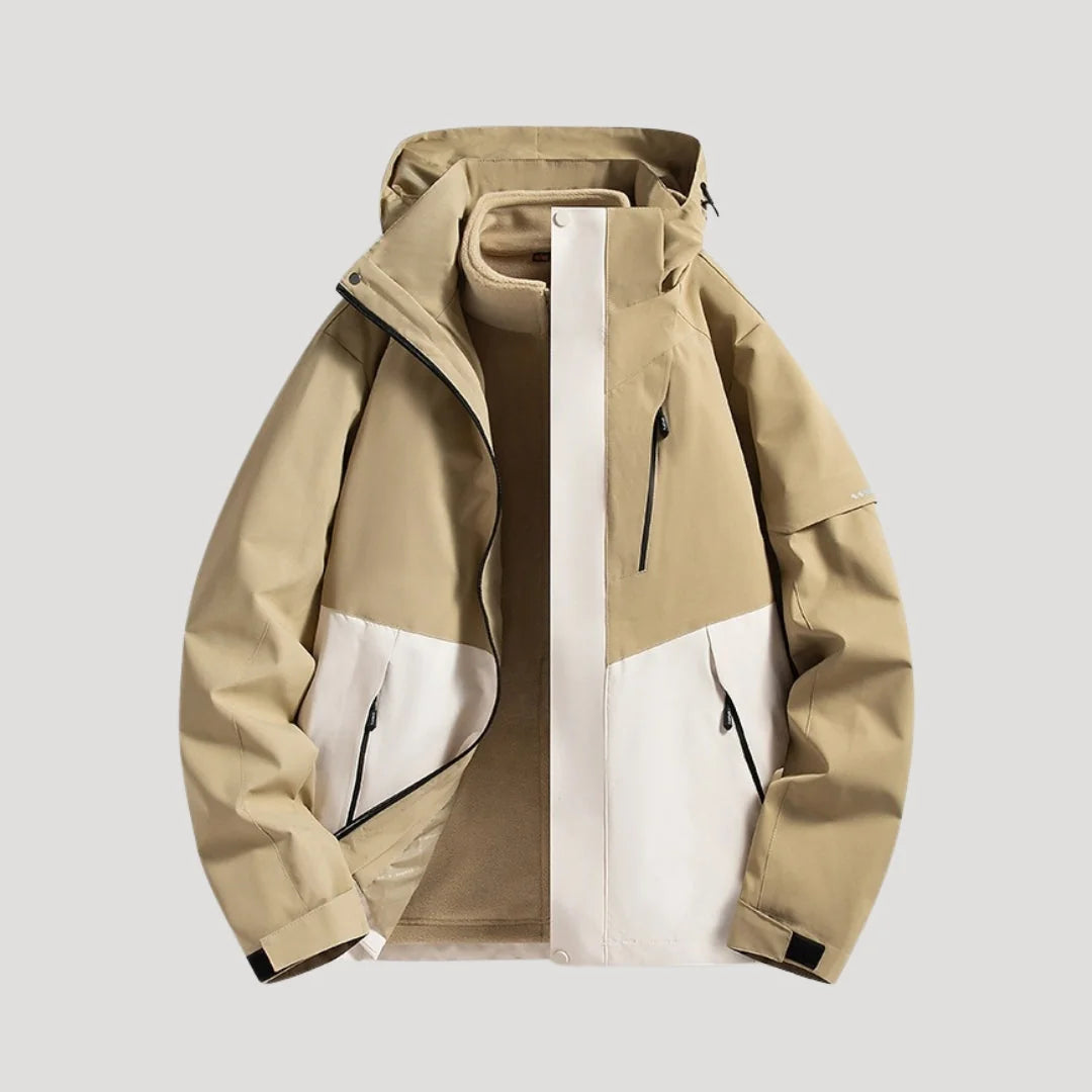 Beige Women's Hooded Windbreaker Jacket with Zip Pockets & Adjustable Hood