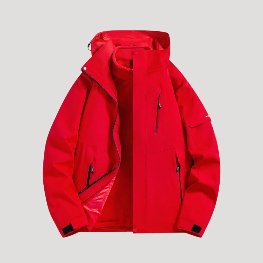 Red Women's Hooded Windbreaker Jacket with Zip Pockets & Adjustable Hood