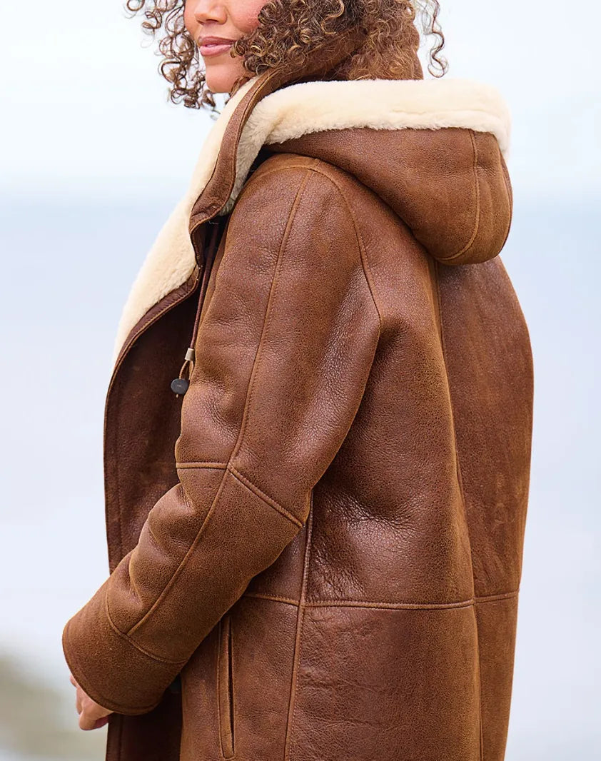 Brown Women's Brown Hooded Winter Coat with Toggle Closures - Side Hood Detail