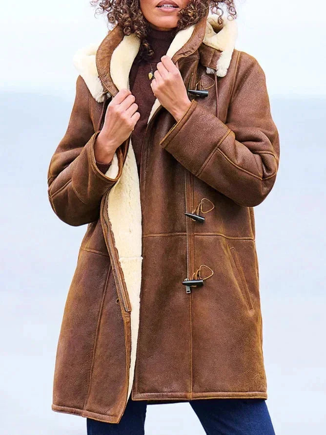 Brown Women's Brown Hooded Winter Coat with Toggle Closures