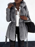 Grey Women's Winter Parka with Hooded Collar & Tie-Waist Design