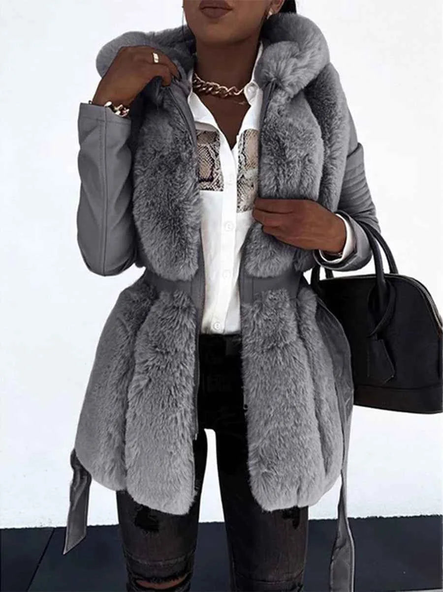 Grey Women's Winter Parka with Hooded Collar & Tie-Waist Design