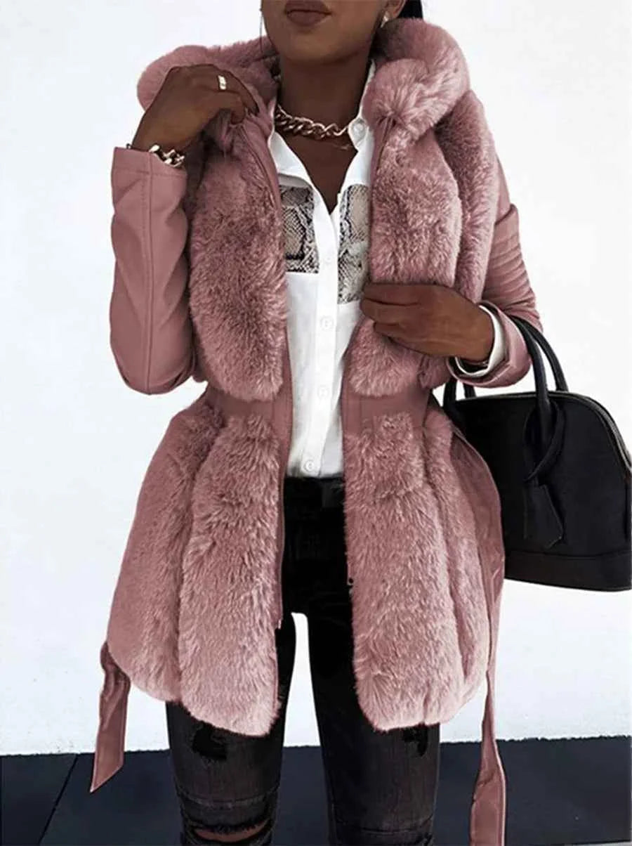 Pink Women's Winter Parka with Hooded Collar & Tie-Waist Design - Hand On Collar