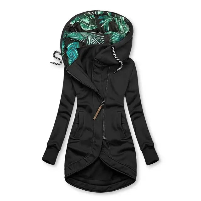 Black Women's Hooded Jacket with Leaf-Print Lining & Asymmetric Zip