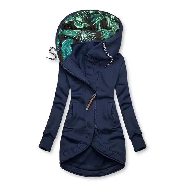 Blue Women's Hooded Jacket with Leaf-Print Lining & Asymmetric Zip