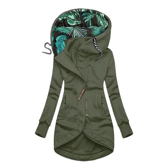 Green Women's Hooded Jacket with Leaf-Print Lining & Asymmetric Zip