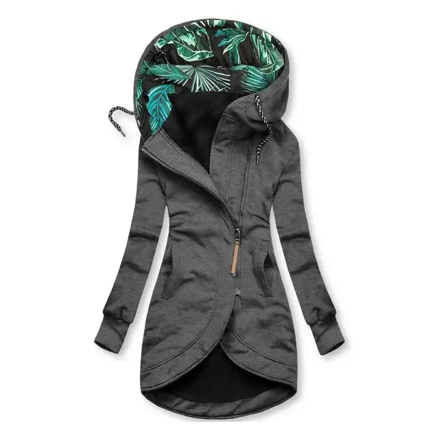 Grey Women's Hooded Jacket with Leaf-Print Lining & Asymmetric Zip