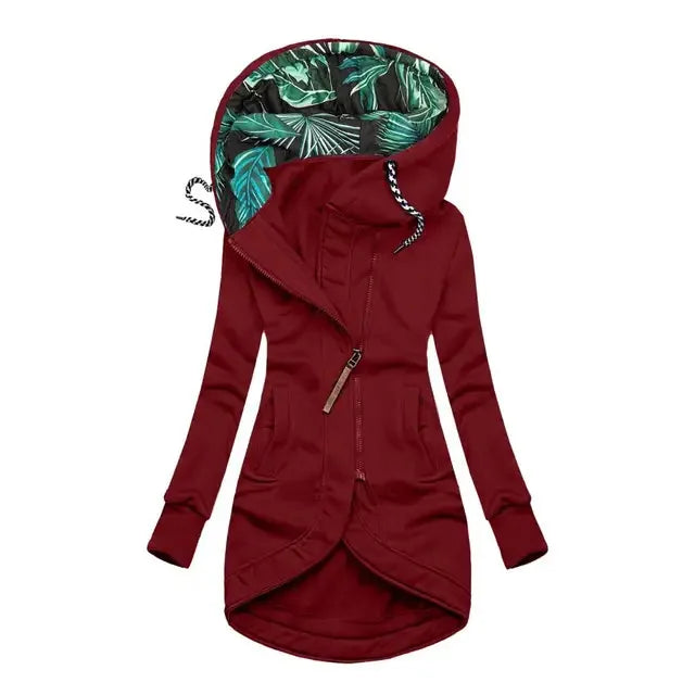 Red Women's Hooded Jacket with Leaf-Print Lining & Asymmetric Zip