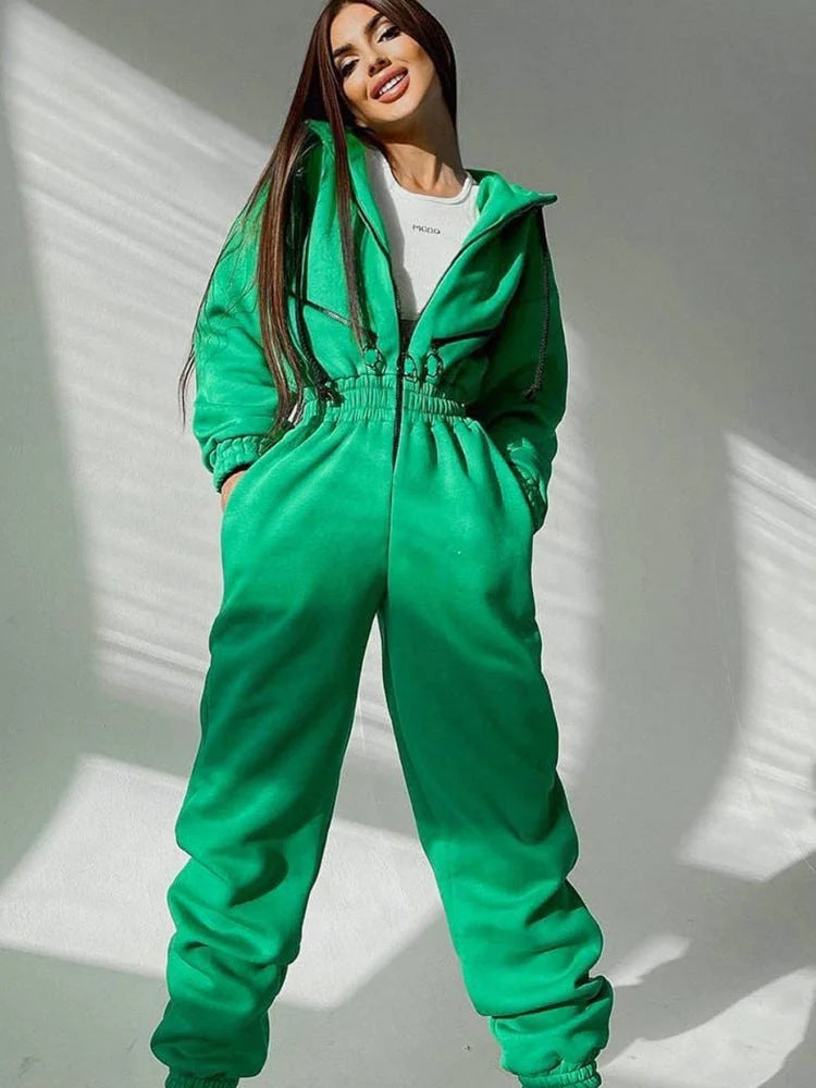 Green Women's Hooded Jumpsuit with Zip Front & Elastic Waistband