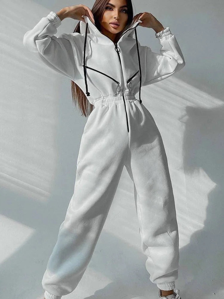 White Women's Hooded Jumpsuit with Zip Front & Elastic Waistband